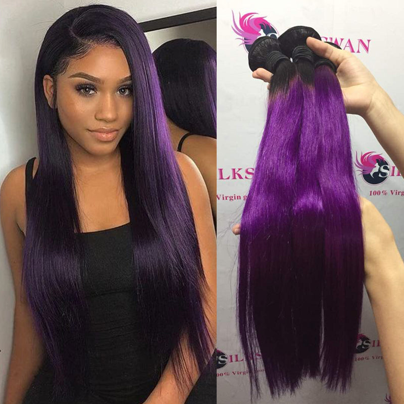 Silkswan Hair 1B/Purple Straight Hair Bundles Double Weft Extensions Human Brazilian Virgin Hair