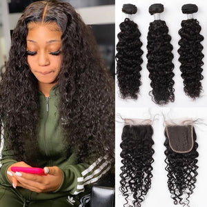 Silkswan Hair Curly Bundles with Closure 4PCS/LOT Swiss 4x4 Lace Closure Human Hair