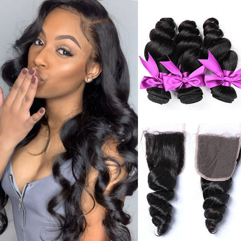 Silkswan Hair Loose Wave Bundles with 4x4 Lace Closure Swiss Lace with Baby Hair Human Remy Hair