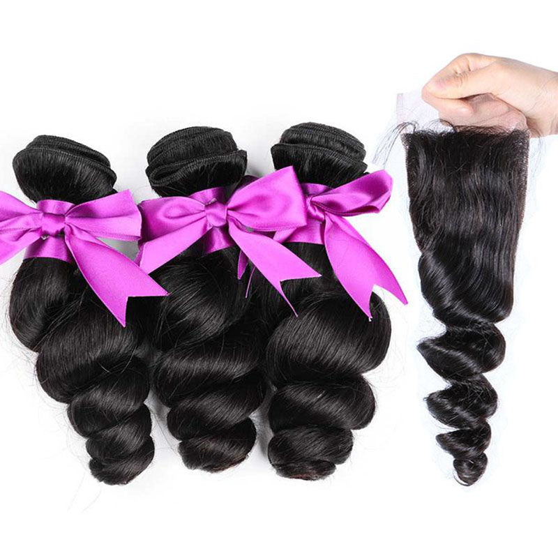 Silkswan Hair Loose Wave Bundles with 4x4 Lace Closure Swiss Lace with Baby Hair Human Remy Hair