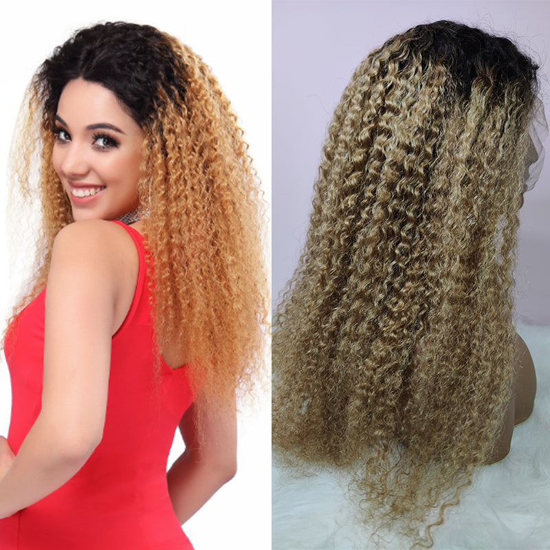 Silkswan Hair Kinky Curly 1B27 Honey Blonde Lace Front Human Hair Wigs Preplucked Hair