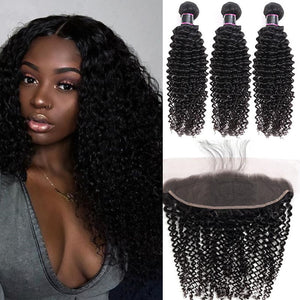 Silkswan Hair Kinky Curly Bundles with Frontal 13x4 Lace Frontal Natural Color Human Hair