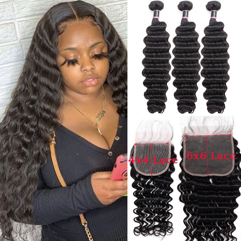 Silkswan Hair Deep Wave Bundles with Closure 4x4 or 6x6 Top Closure 4PCS/LOT Human Hair