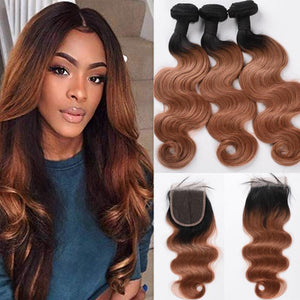 Silkswan Hair Body Wave Ombre Color 1b/30 Bundles with 4x4 Closure Dark Roots Hair