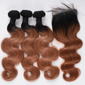 Silkswan Hair Body Wave Ombre Color 1b/30 Bundles with 4x4 Closure Dark Roots Hair