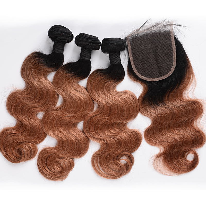 Silkswan Hair Body Wave Ombre Color 1b/30 Bundles with 4x4 Closure Dark Roots Hair