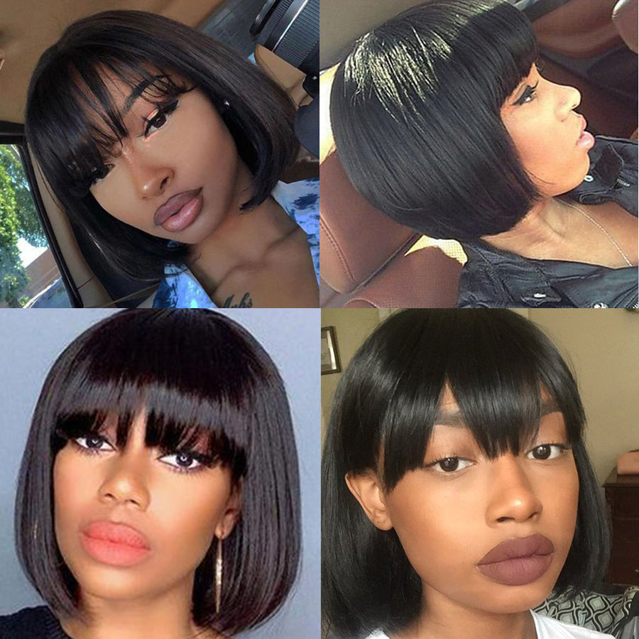 Silkswan Hair 13x4 Lace Bob Wigs with Bang Straight Human Hair Wigs 8 10 12 14 16 Inches