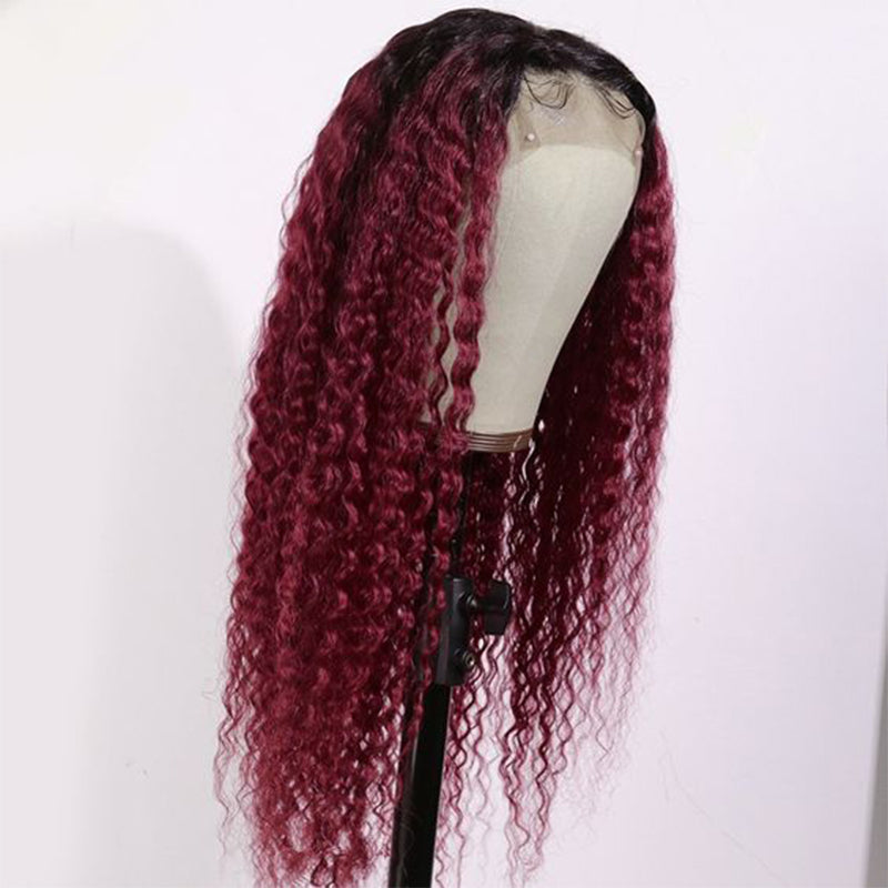 Silkswan Hair Curly Ombre Burgundy 1B99J Lace Front Wigs Preplucked Human Hair