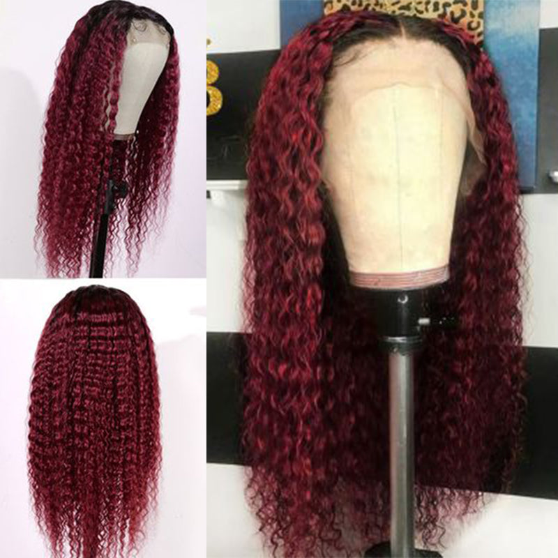 Silkswan Hair Curly Ombre Burgundy 1B99J Lace Front Wigs Preplucked Human Hair