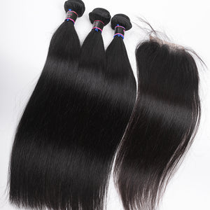 Silkswan Hair Straight Hair Bundles with Closure Human Hair Extension with 4x4 Swiss Lace Closure