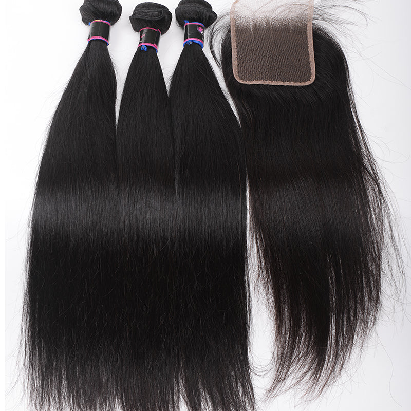 Silkswan Hair Straight Hair Bundles with Closure Human Hair Extension with 4x4 Swiss Lace Closure