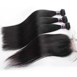 Silkswan Hair Straight Hair Bundles with Closure Human Hair Extension with 4x4 Swiss Lace Closure