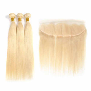 Silkswan Hair Straight Blonde Color Bundles with Frontal Ear to Ear 613 Frontal Human Hair