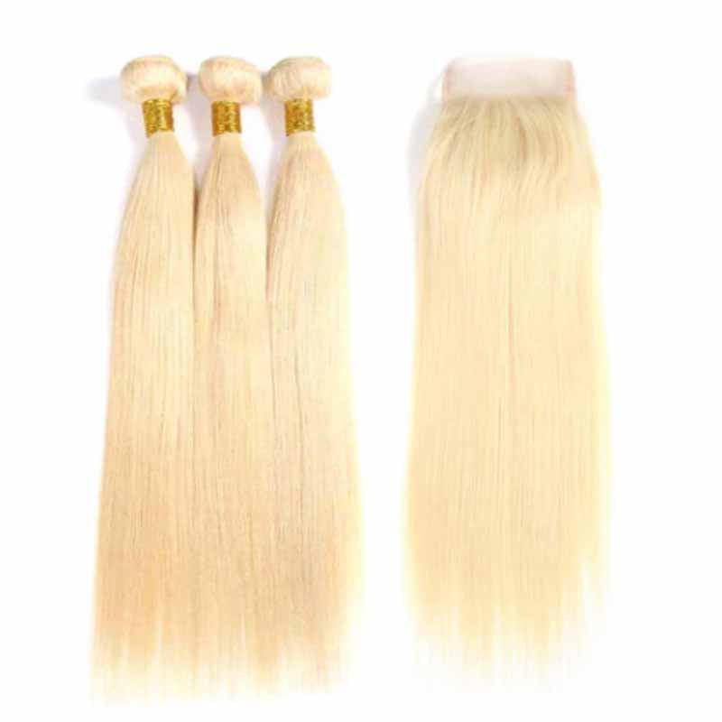 Silkswan Hair 613 Blonde Hair Straight Bundles with Closure 4x4 Swiss Lace Human Hair