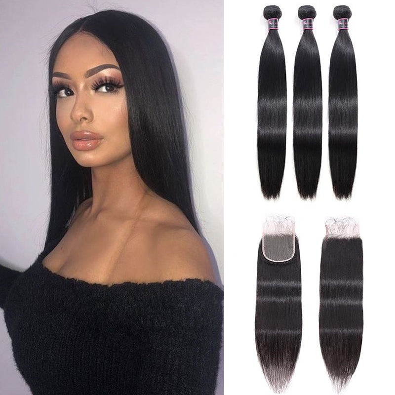 Silkswan Hair Straight Hair Bundles with Closure Human Hair Extension with 4x4 Swiss Lace Closure