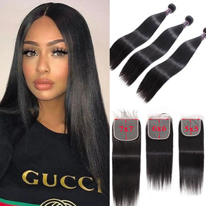 Silkswan Hair Straight Bundles with Closure 5x5 6x6 7x7 Lace Closure 4Pcs/Lot Human Hair