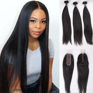 Silkswan Hair Straight Hair Bundles with Closure Kim K 2x6 Lace Closure Human Remy Hair