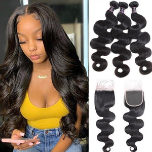 Silkswan Hair Boundles with 4x4 Lace Closure Body Wave Hair Weft Extensions 4Pcs/lot