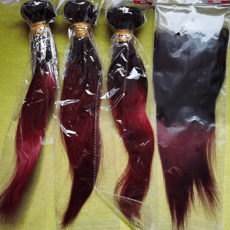 Silkswan Hair 1B/99J Straight Bundles with 4x4 Lace Closure Human Brazilian Hair 4Pcs/Lot