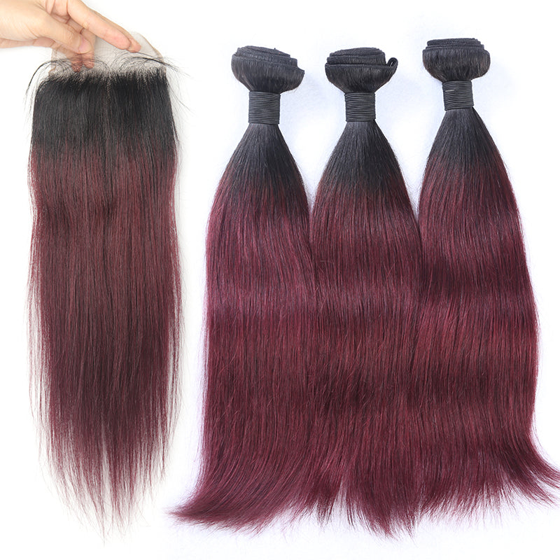 Silkswan Hair 1B/99J Straight Bundles with 4x4 Lace Closure Human Brazilian Hair 4Pcs/Lot