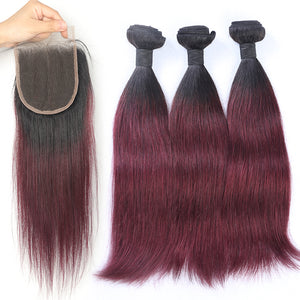 Silkswan Hair 1B/99J Straight Bundles with 4x4 Lace Closure Human Brazilian Hair 4Pcs/Lot